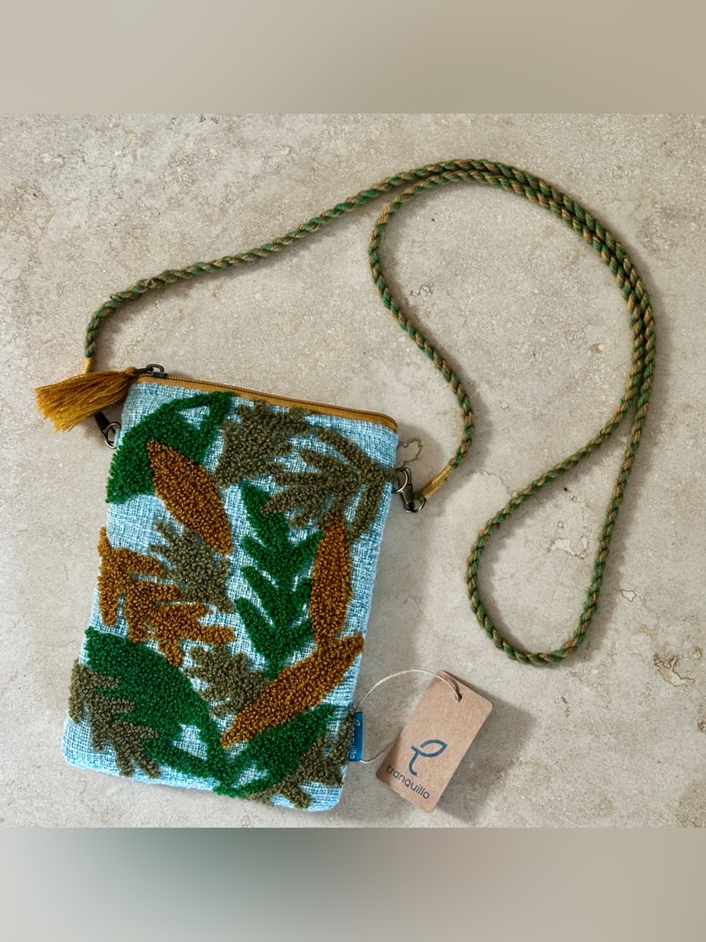 Tranquillo Embroidered Organic Cotton Leaf Crossbody Bag • Made in India NWT